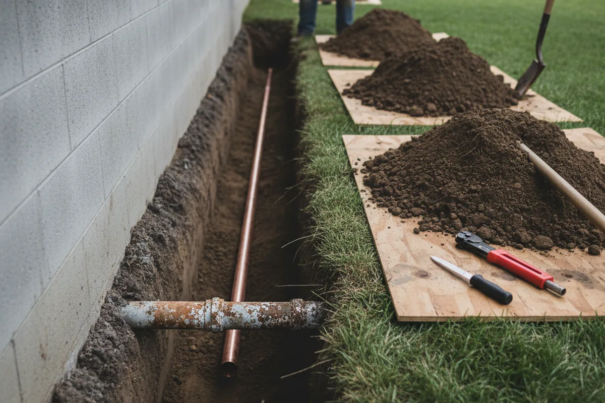 Excavated water line trench during Water Heater Repair in Newport News